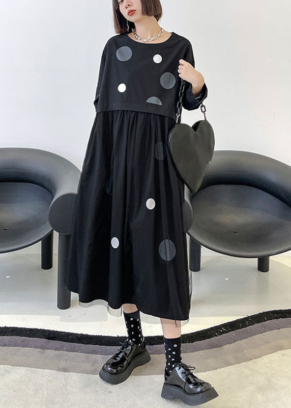Art Black Pockets Patchwork Tulle Print Fall Vacation Dresses Long Sleeve