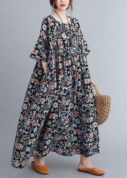 Art Black Print Loose O-neck Summer Half Sleeve Dresses