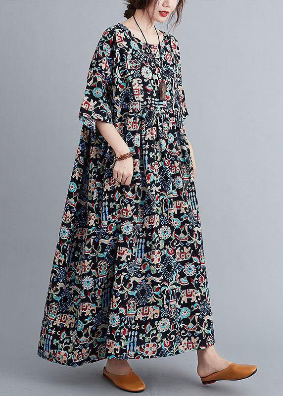Art Black Print Loose O-neck Summer Half Sleeve Dresses