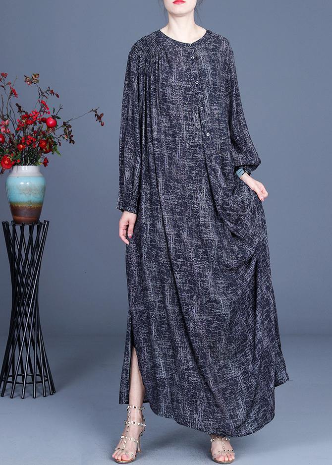 Art Black Print Asymmetrical Design Side Open Holiday Summer Spring Linen Dress