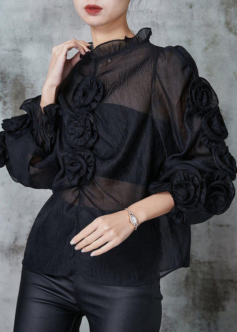 Art Black Ruffled Chiffon Shirt Spring