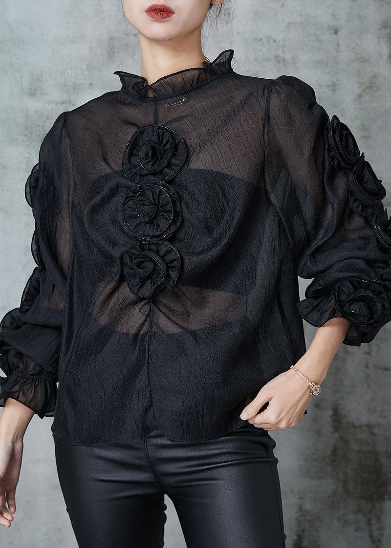 Art Black Ruffled Chiffon Shirt Spring