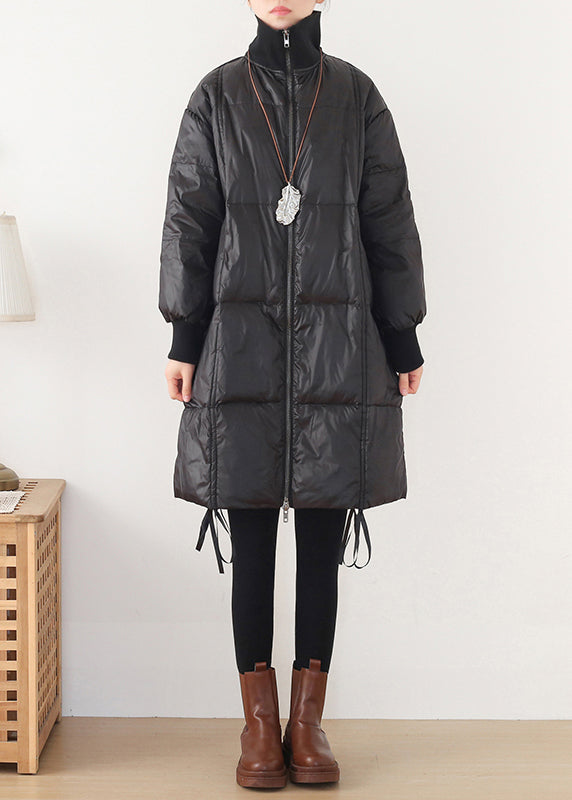Art Black Stand Collar Drawstring Zippered Cotton Blend Long Down Coats Winter