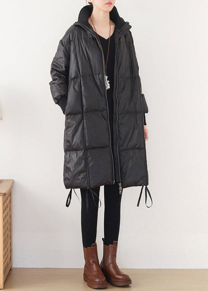 Art Black Stand Collar Drawstring Zippered Cotton Blend Long Down Coats Winter