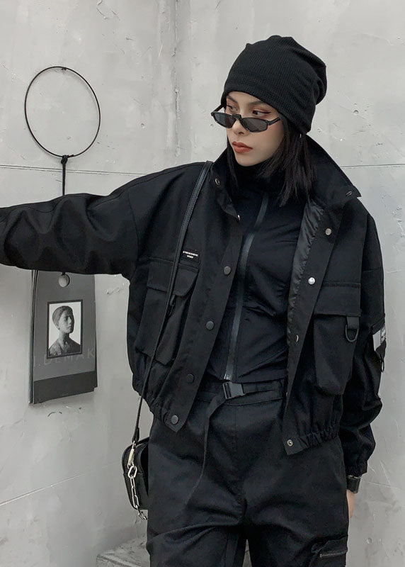 Art Black Stand Collar Pockets Button Fall Coat Long Sleeve