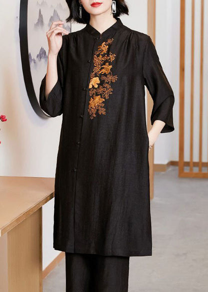 Art Black Stand Collarembroideried Silk Long Tops Bracelet Sleeve