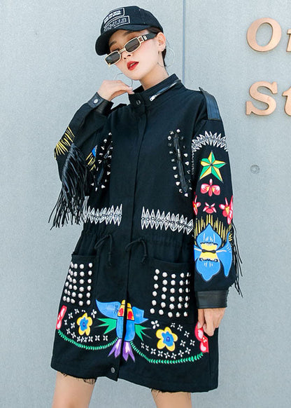 Art Black Tasseled Rivet Zippered Tie Waist Fall Long Sleeve Coat