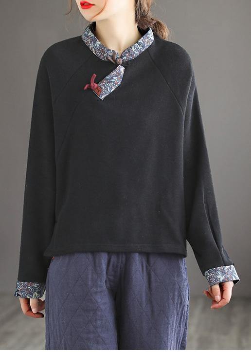 Art Black Top Stand Collar Patchwork Daily Spring Shirt