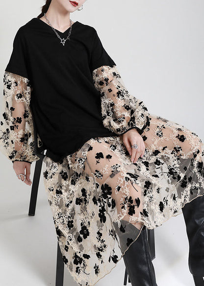 Art Black V Neck Patchwork Pockets Print Fall Vacation Dresses Long Sleeve
