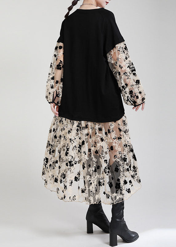 Art Black V Neck Patchwork Pockets Print Fall Vacation Dresses Long Sleeve