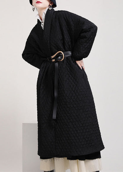 Art Black V Neck Pockets Button Winter Cotton Long Sleeve Coat