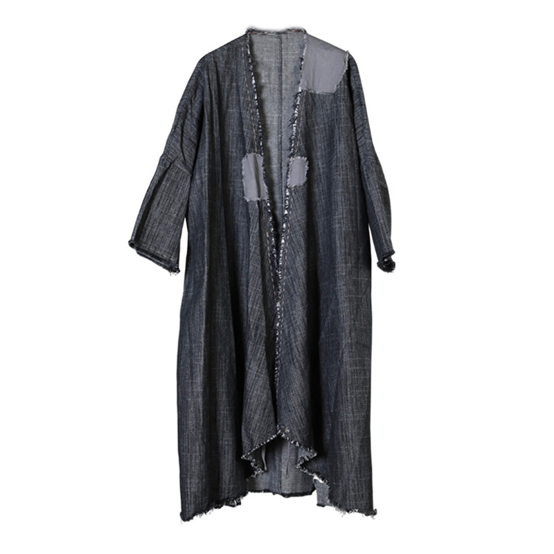 Art Black V Neck Pockets Patchwork Fall Asymmetrical Design Coats Long Sleeve
