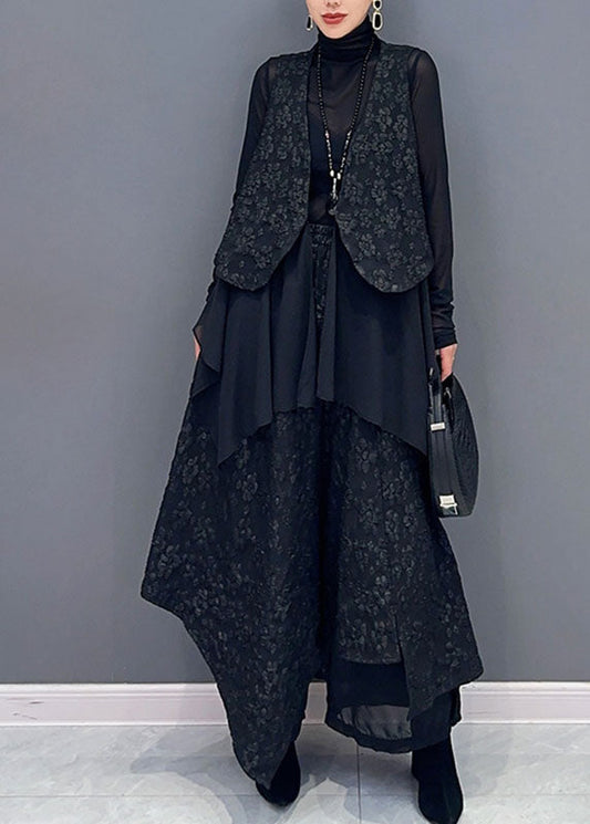 Art Black V Neck Print Waistcoat and Wide Leg Pants Two Pieces Set Fall