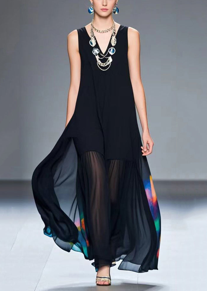 Art Black V Neck Tie Dye Chiffon a Line Dresses Summer