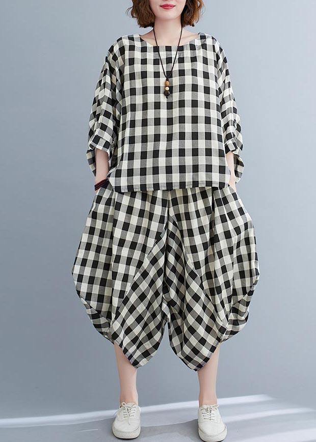 Art Black White Plaid Batwing Sleeve Two Piece Set Clothing Summer Cotton Linen