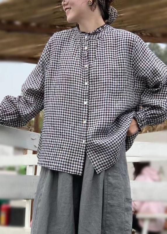 Art Black White Plaid Button Ruffled Fall Long Sleeve Blouse Top