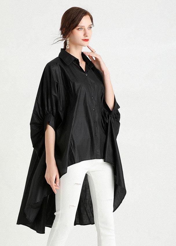 Art Black Wrinkled Button Summer Cotton Shirt Half Sleeve Top