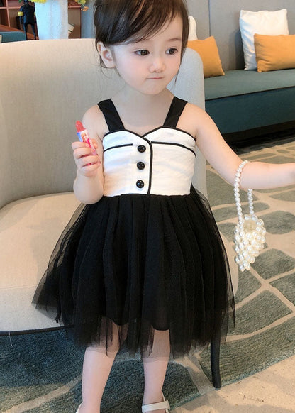 Art Black Wrinkled Patchwork Tulle Kids Dress Sleeveless