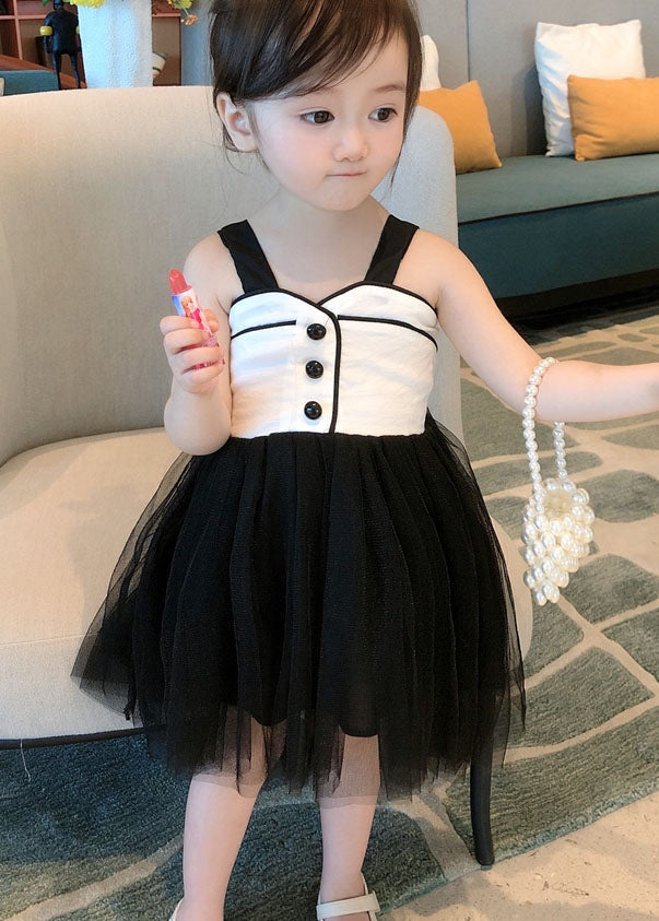 Art Black Wrinkled Patchwork Tulle Kids Dress Sleeveless