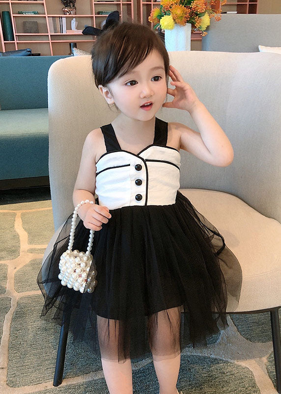 Art Black Wrinkled Patchwork Tulle Kids Dress Sleeveless