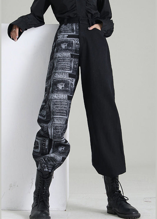 Art Black Zip Up Patchwork Denim Pants Spring