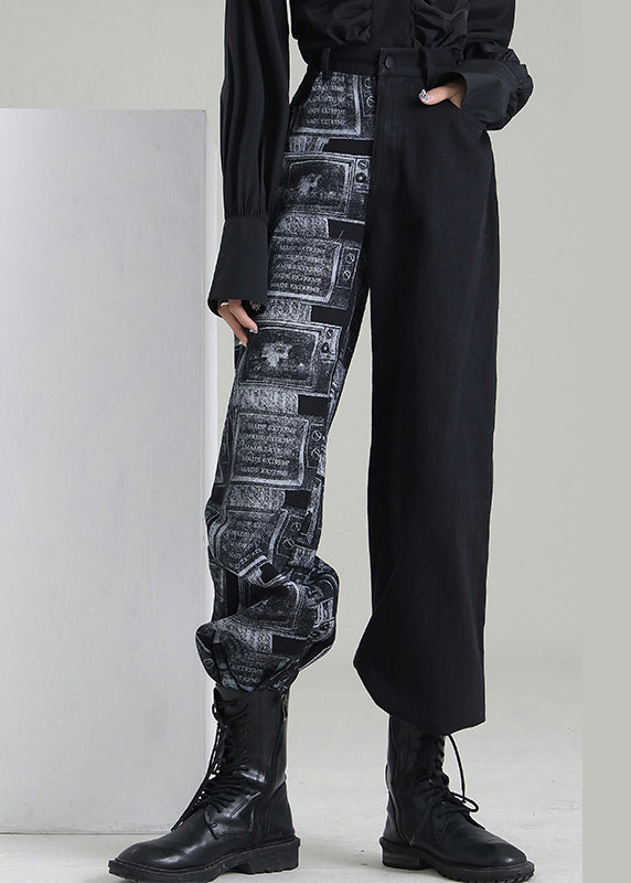 Art Black Zip Up Patchwork Denim Pants Spring