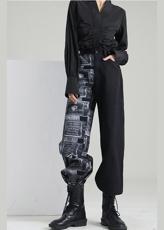 Art Black Zip Up Patchwork Denim Pants Spring