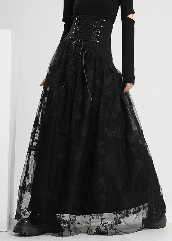 Art Black Tie Waist Butterfly Tulle Skirt Spring