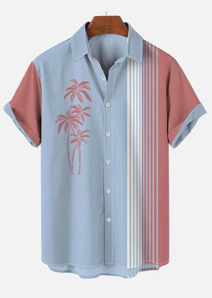 Art Blue Asymmetrical Striped Patchwork Cotton Shirts Summer