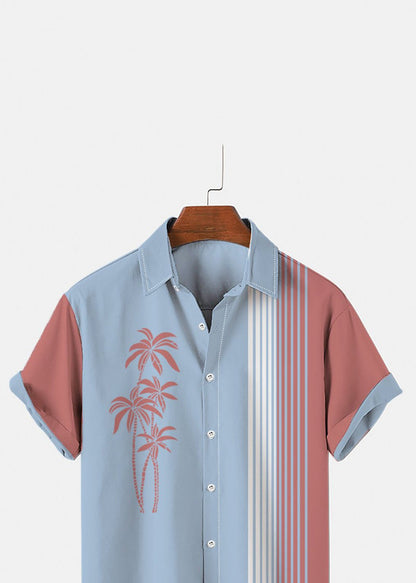 Art Blue Asymmetrical Striped Patchwork Cotton Shirts Summer