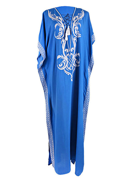 Art Blue Embroideried Side Open Maxi Holiday Dress Short Sleeve