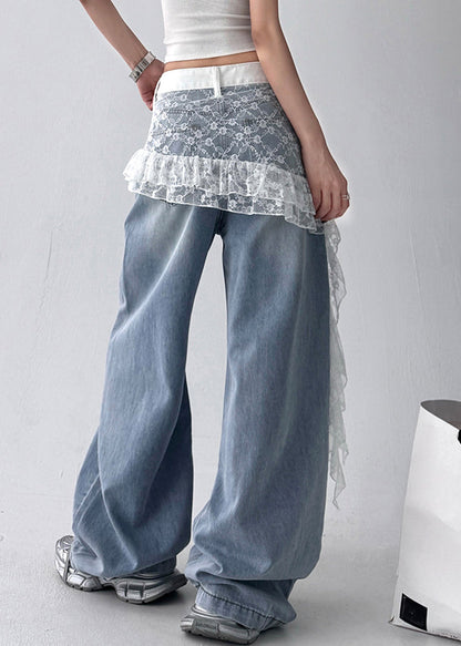 Art Blue Hole Lace Patchwork Denim Pants Fall
