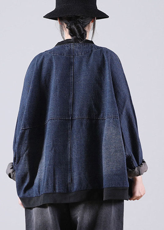 Art Blue O-neck Patchwork Bat Wing Sleeve Print Fall Coat