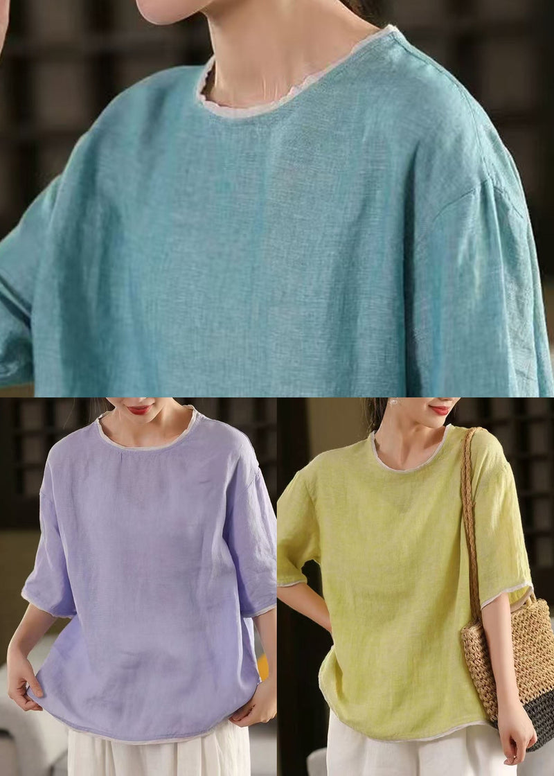 Art Blue O-neck Patchwork Linen Tank Tops Half Sleeve