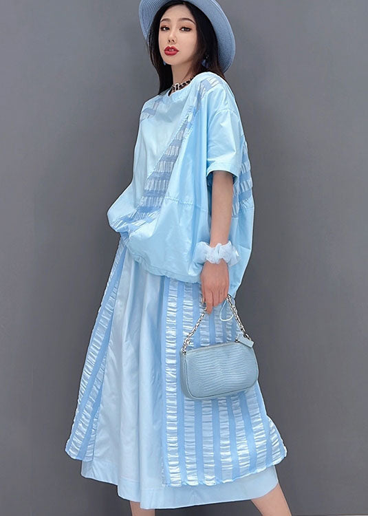 Art Blue O-neck Patchwork Wrinkled Tops and Wide Leg Pants 2 Piece Outfit Summer