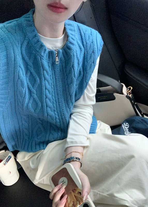Art Blue O-neck Zippered Cozy Cable Knit Waistcoat Sleeveless