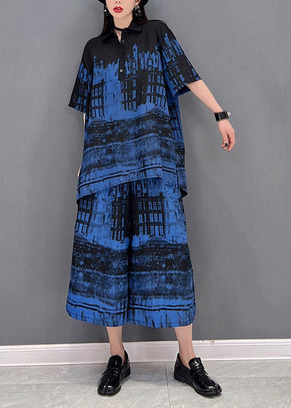 Art Blue Peter Pan Collar Top and Wide Leg Pants Two Piece Set Summer