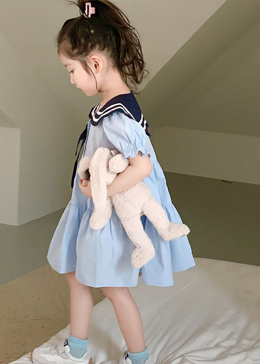 Art Blue Peter Pan Collar Wrinkled Patchwork Cotton Kids Dress Summer