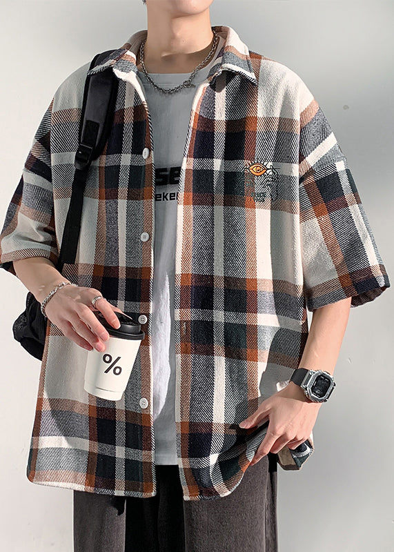 Art Blue Plaid Letter Cotton Shirts Peter Pan Collar Half Sleeve