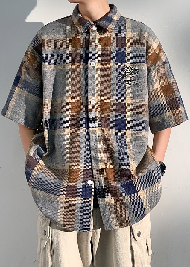 Art Blue Plaid Letter Cotton Shirts Peter Pan Collar Half Sleeve