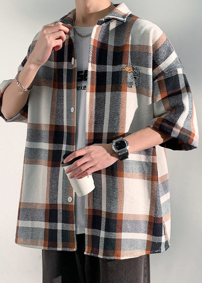 Art Blue Plaid Letter Cotton Shirts Peter Pan Collar Half Sleeve