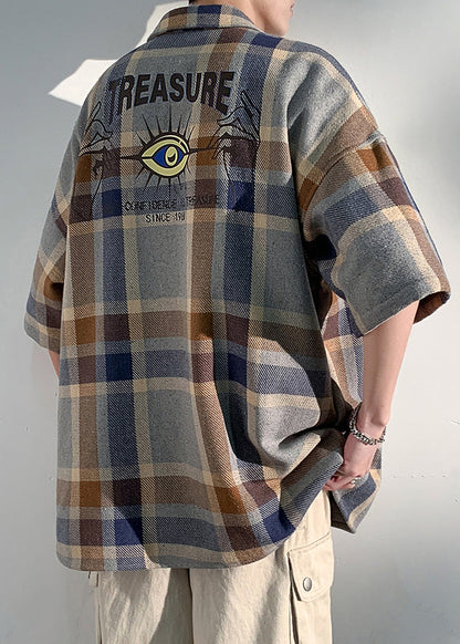 Art Blue Plaid Letter Cotton Shirts Peter Pan Collar Half Sleeve