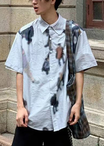 Art Blue Print Button Cotton Shirts Summer