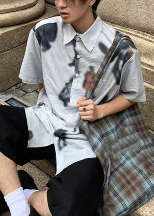 Art Blue Print Button Cotton Shirts Summer