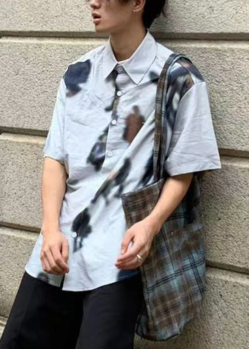 Art Blue Print Button Cotton Shirts Summer