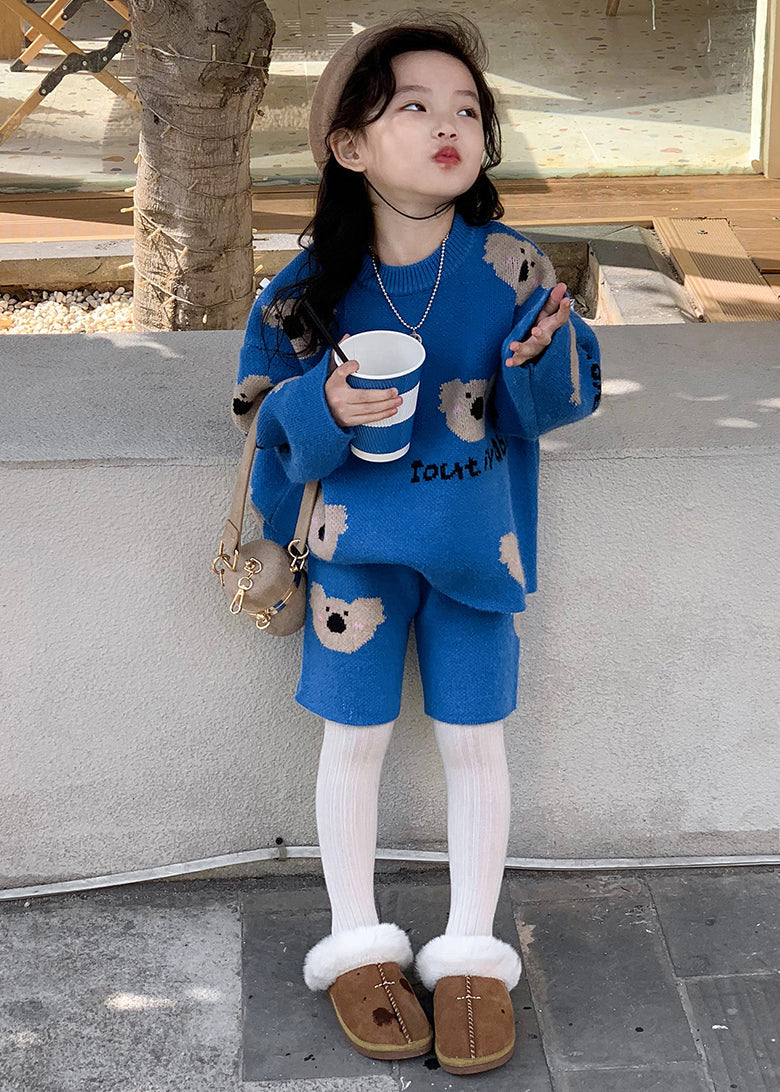 Art Blue Print Cotton Knit Sweatshirt and Shorts Two Pieces Set Winter