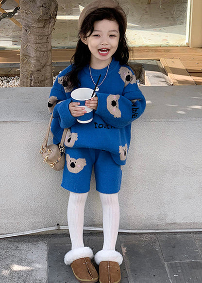 Art Blue Print Cotton Knit Sweatshirt and Shorts Two Pieces Set Winter