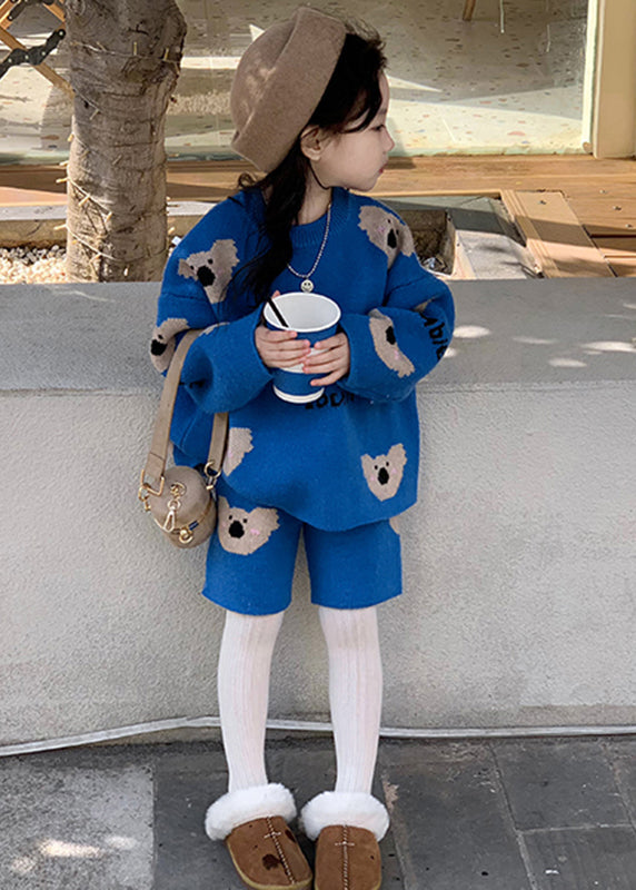 Art Blue Print Cotton Knit Sweatshirt and Shorts Two Pieces Set Winter
