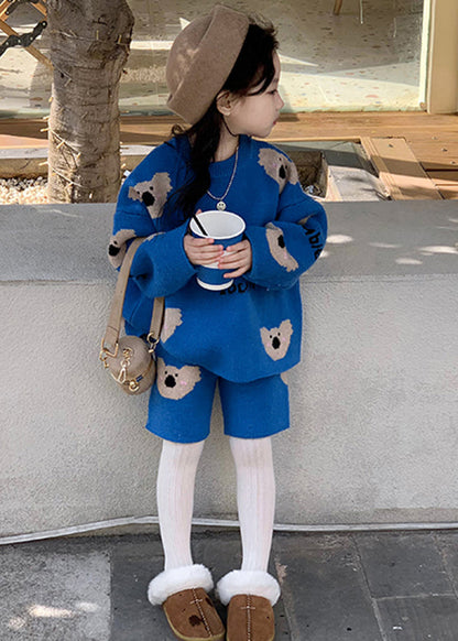 Art Blue Print Cotton Knit Sweatshirt and Shorts Two Pieces Set Winter