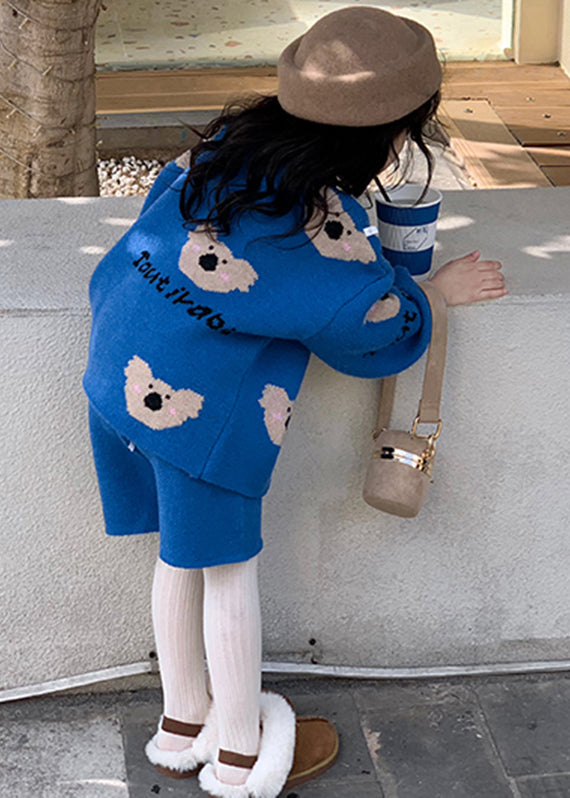 Art Blue Print Cotton Knit Sweatshirt and Shorts Two Pieces Set Winter